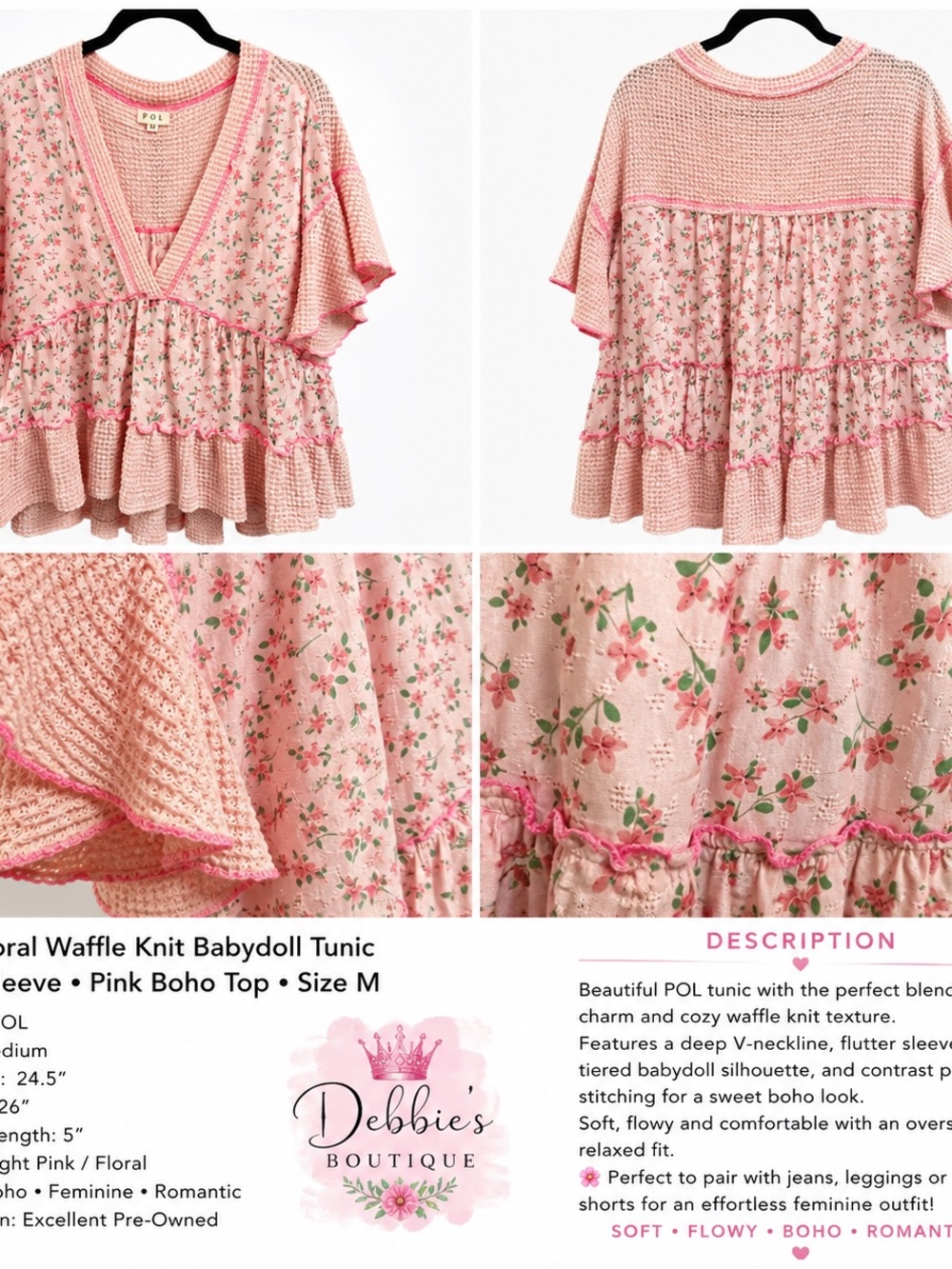 NEW POL Floral Waffle Knit Babydoll Tunic Pink Boho Flutter Sleeve Top M - Picture 4 of 6
